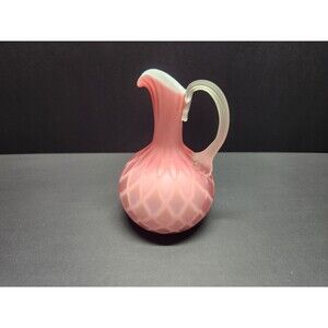 Vintage Art Glass CRUET Pink Satin Diamond Quilt Cased over White Mother Pearl